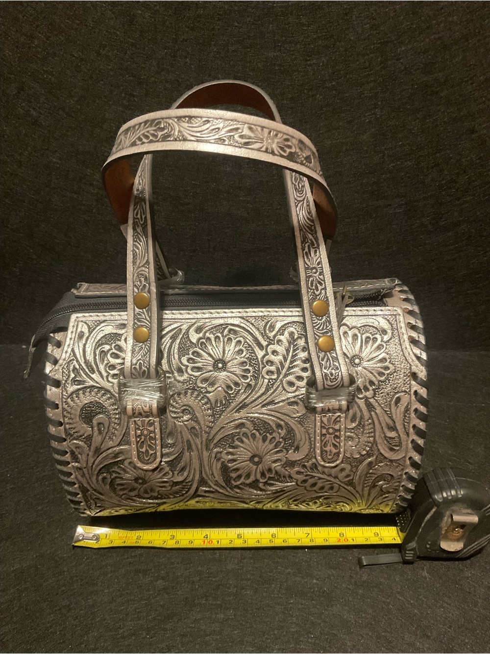 Silver Small Tooled Western Floral Leather Speedy w/adjustable detachable strap - Picture 2 of 9